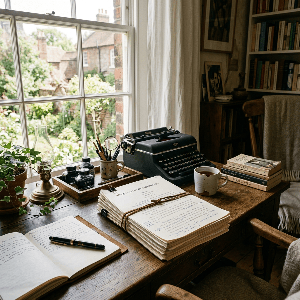 wooden desk with vintage typewriter, manuscripts, notebook, ink bottles, cup of tea by window